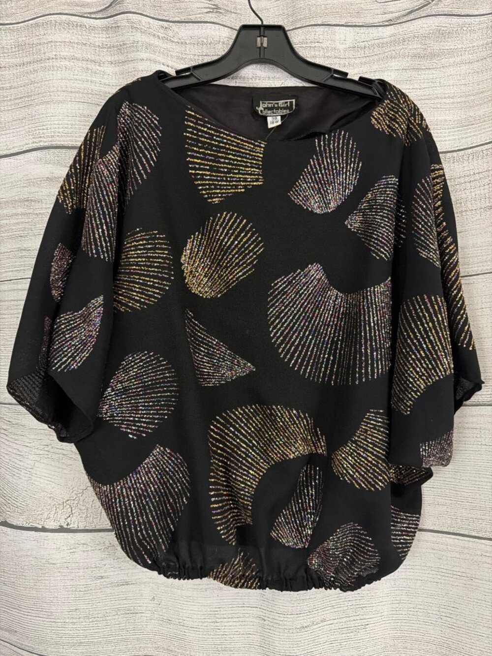 Vintage John's Girl Collectables Black Sequin Abstract Print Blouson Top 18W